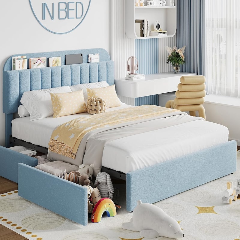 Bed Frame with 2 Drawers, Boucle Upholstered - Blue - Full