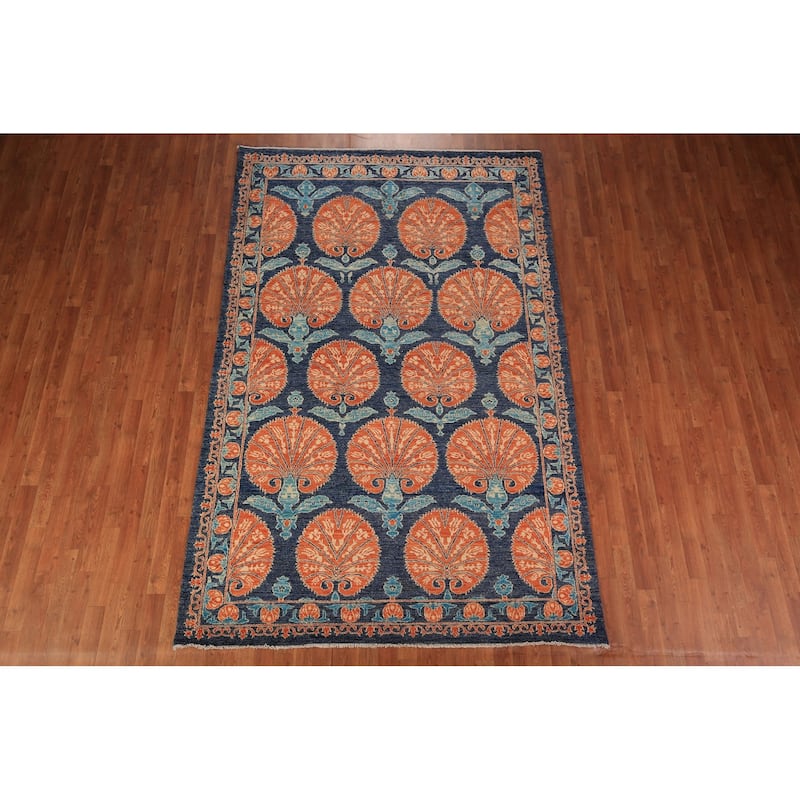 Blue & Orange Ziegler Vegetable Dye Area Rug Hand-Knotted Wool Carpet - 6'2" x 9'5"