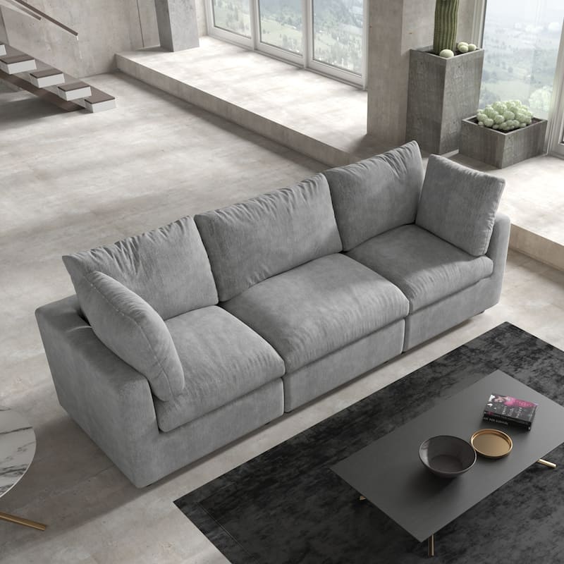 Minimalist 3-Seater Sofa Chenille Upholstered Modular Sectional Couch Removable Cover, Spring Cushions, Solid Wood Frame