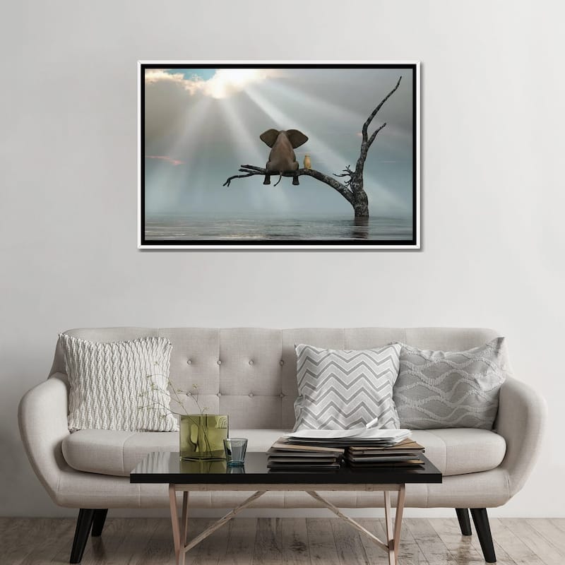 iCanvas "Elephant And Dog Are Sitting On A Tree Fleeing A Flood" by Mike Kiev Framed Canvas Print