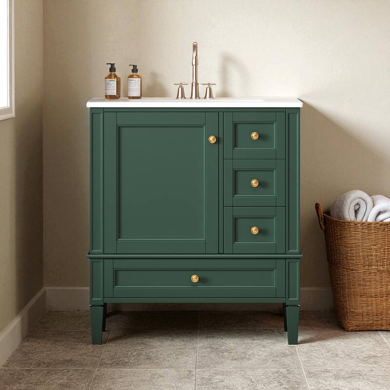 30 Inch Bathroom Vanity with Sink, Modern Freestanding Cabinet with 3 Drawers, Solid Wood Frame & Ceramic Top - Blue