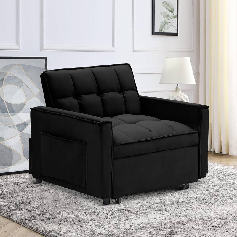 Classic Velvet Upholstered Convertible Futon Chair with Side Storage Pockets - Black