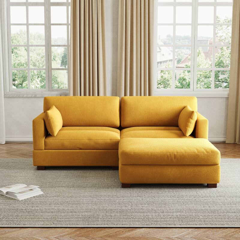 85in.W Corduroy Modular 3-Piece L-Shaped Sectional Sofa with Ottoman - Orange