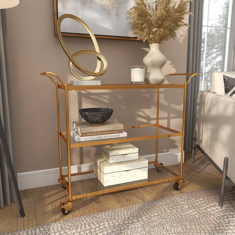Brass Metal Rolling 3 Glass Shelves Bar Cart with Lockable Wheels