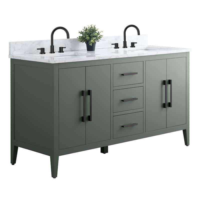 Vanity Art 60" Double Sink Bathroom Vanity Cabinet with Engineered Marble Top