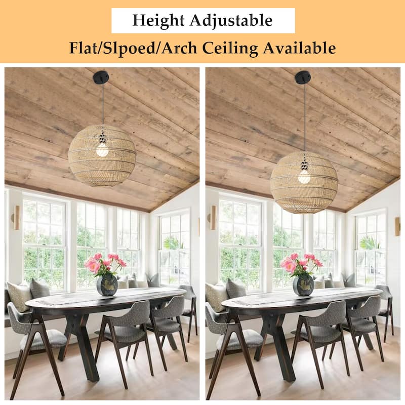 1-Light Globe Chandelier with Rattan Shade, No Bulbs Included