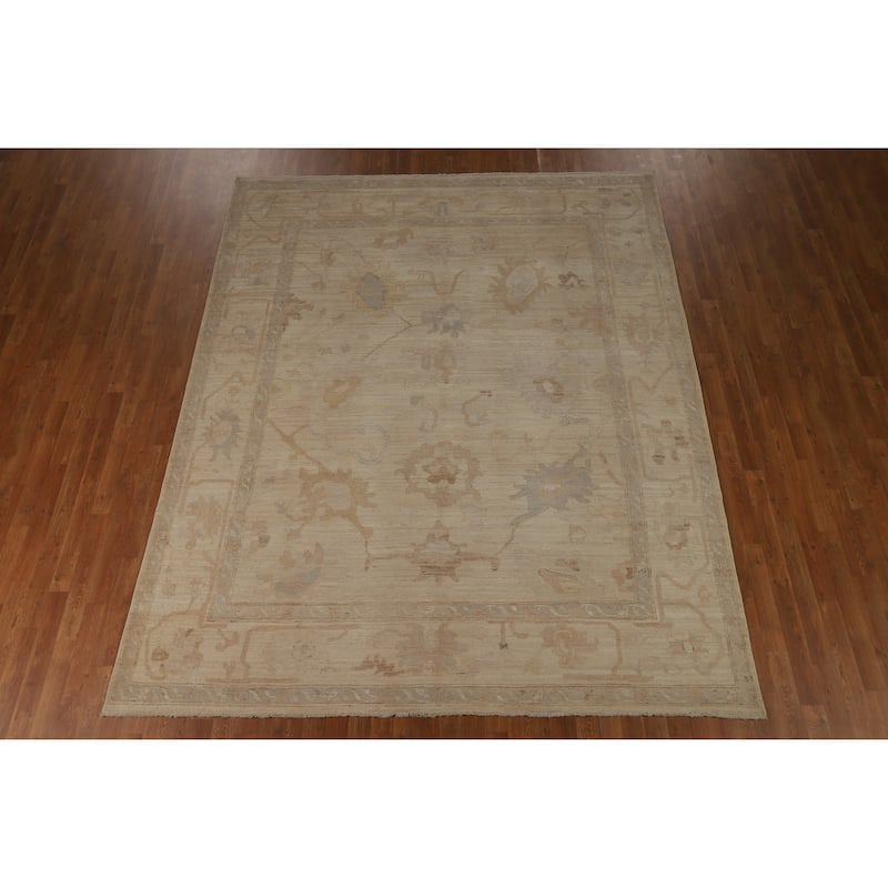 Hand Knotted Oriental 100% Wool Carpet Transitional All-Over Beige & Ivories Oushak Area Rug - 9' 10'' X 7' 11''