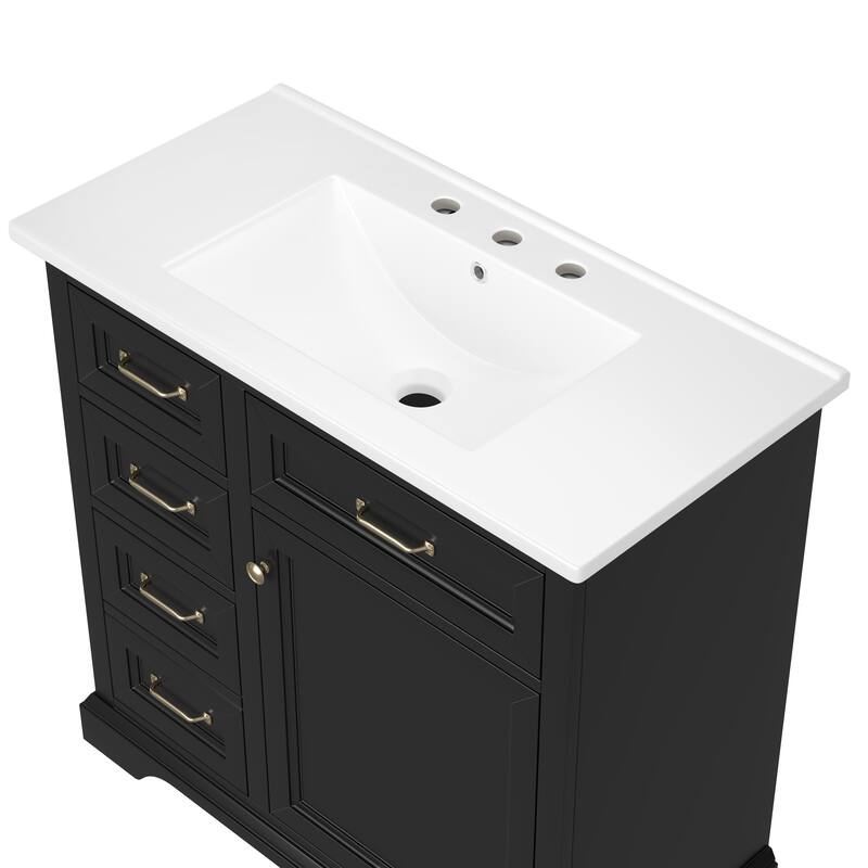 Roomfitters 36" Bathroom Vanity with Sink, Solid Wood Frame, 4 Drawers & Soft-Close Door with Built-in Racks, Black