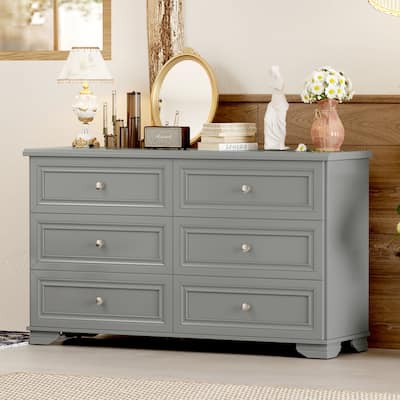 6 Drawers Elegant Design Wooden Dresser,Retro Style Storage Cabinet with Metal Handles for Bedroom