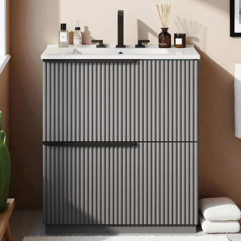 30" Bathroom Vanity with Ceramic Sink, Full-Extension Drawers, Soft Close Slides, and Fluted Design - Grey
