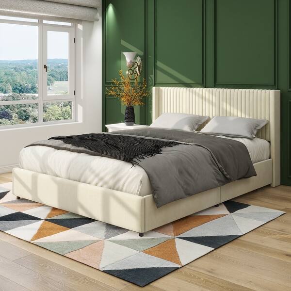 Queen Ivory Velvet Upholstered Bed With 2 Drawers