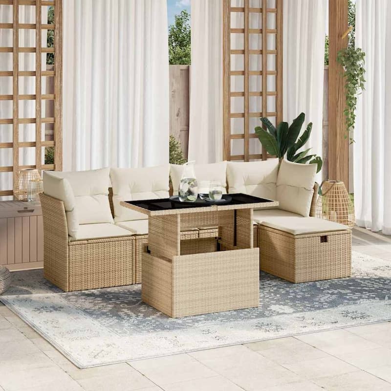 vidaXL Patio Sofa Set with Cushions Outdoor Furniture 6 Piece Poly Rattan - 21.7 x 39.4 x 28.7 in - Beige and cream