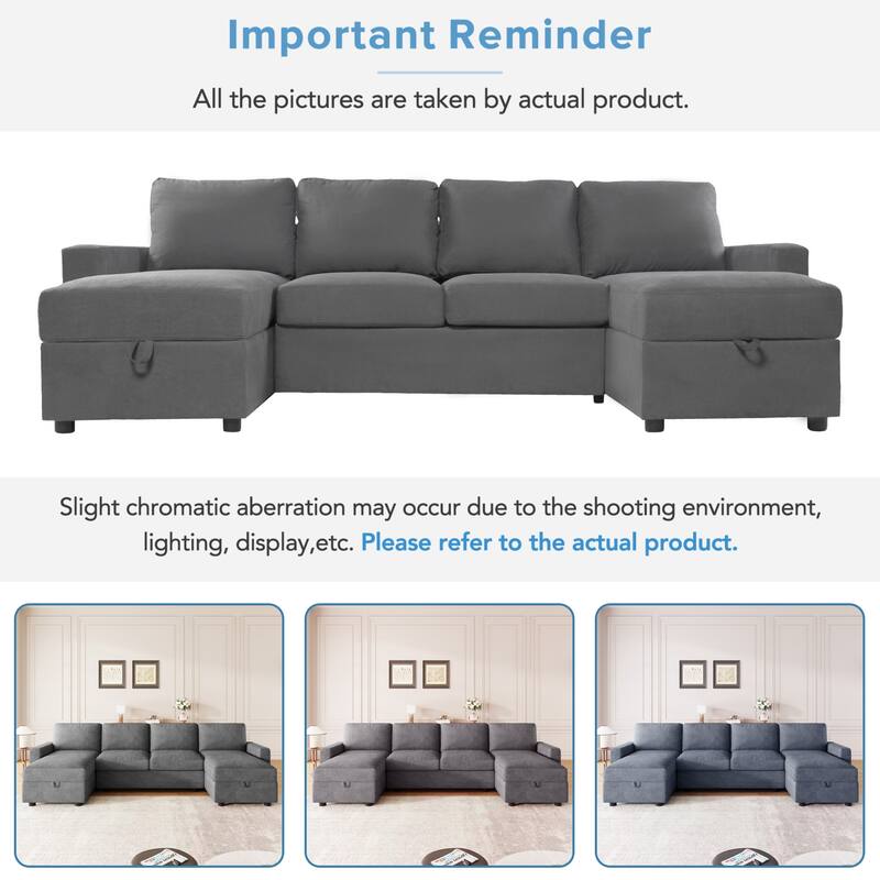 103.9" Sectional Sofa Convertible Sectional Sofa, U-shaped Sofa with Two Storage Chaise Lounges and Four USB Ports