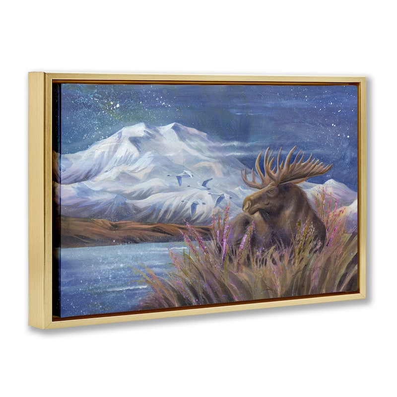 Stupell Moose & Snowy White Mountain Framed Floater Canvas Wall Art Design By Jody Bergsma