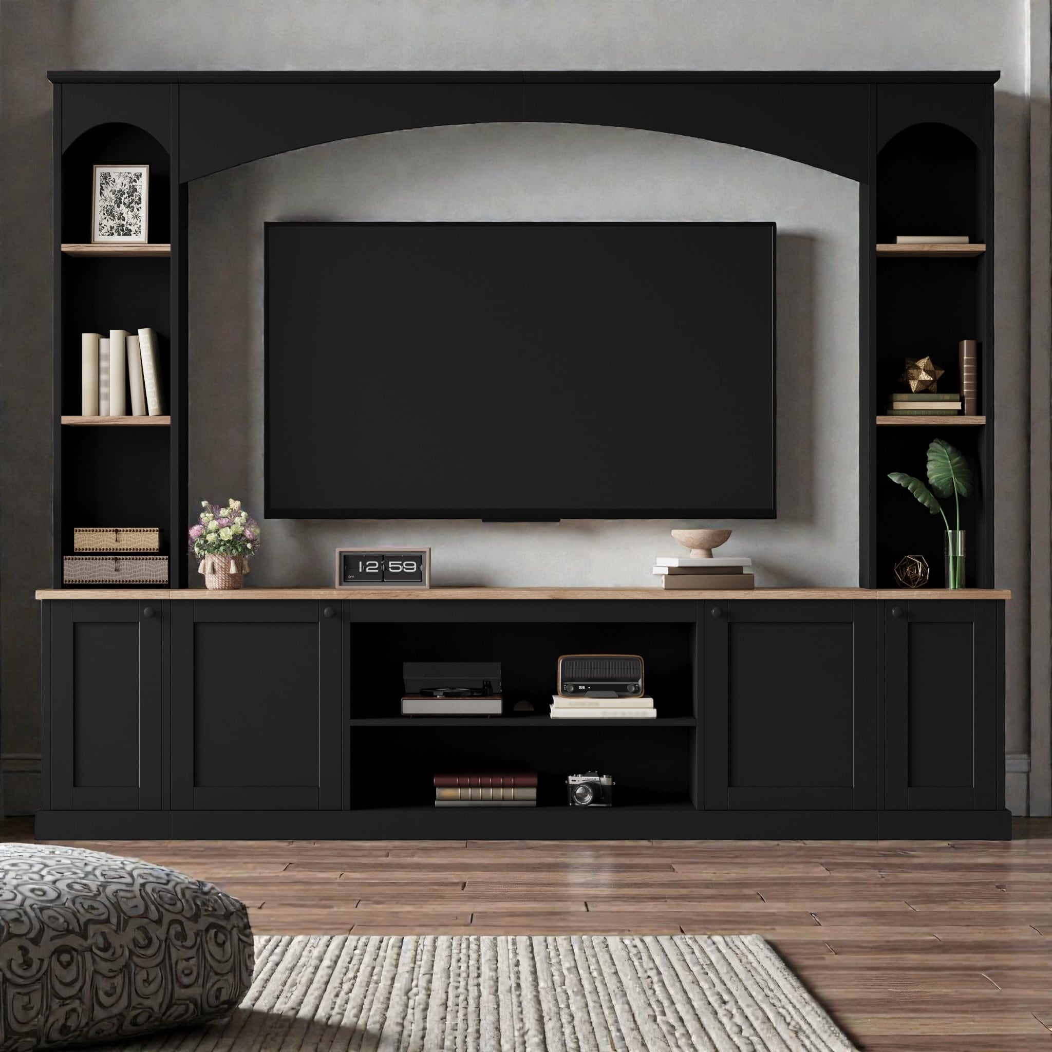 91" Arched Entertainment Center with Bookshelves, Farmhouse TV Stand for TVs up to 70", Media Console