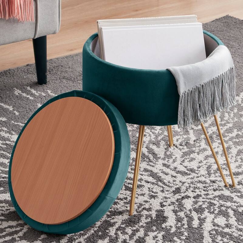 Round Velvet Storage Ottoman with Tray Top Table