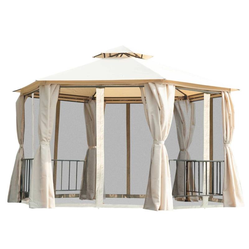 13 x13ft Beige Outdoor Double Roof Gazebo with Steel Frame and Sides Curtains for Family Gatherings - 12.8' L x 12.8' W x 9.2' H