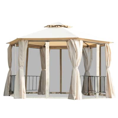 13 x13ft Beige Outdoor Double Roof Gazebo with Steel Frame and Sides Curtains for Family Gatherings - 12.8' L x 12.8' W x 9.2' H
