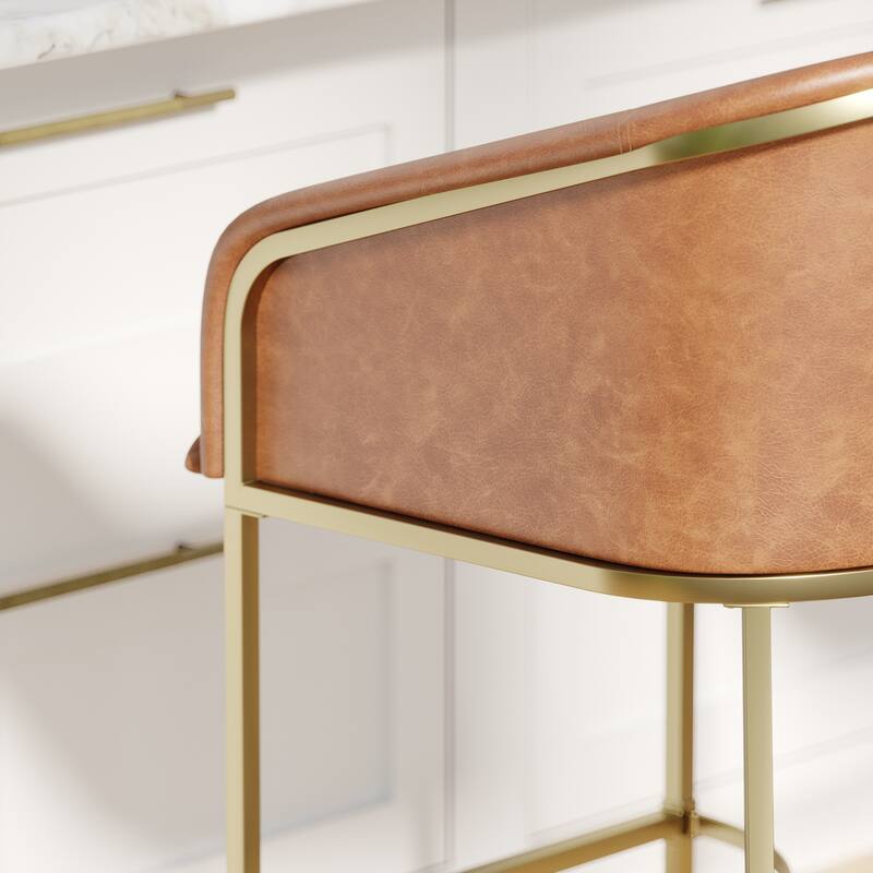 Hampton Modern Bar Stool, Faux Leather and Gold Finish Metal Frame