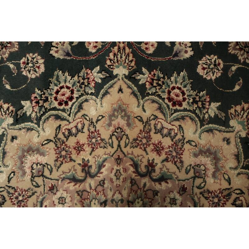 Hand Knotted Oriental Wool & Silk Carpet Traditional Floral Green Aubusson Area Rug - 9' 0'' X 6' 2''