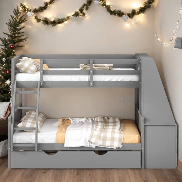slide 2 of 15, Modern Twin Over Full Bunk Bed With Trundle And Built-in Desk,Three Storage Drawers And Shelf for Bedroom Grey