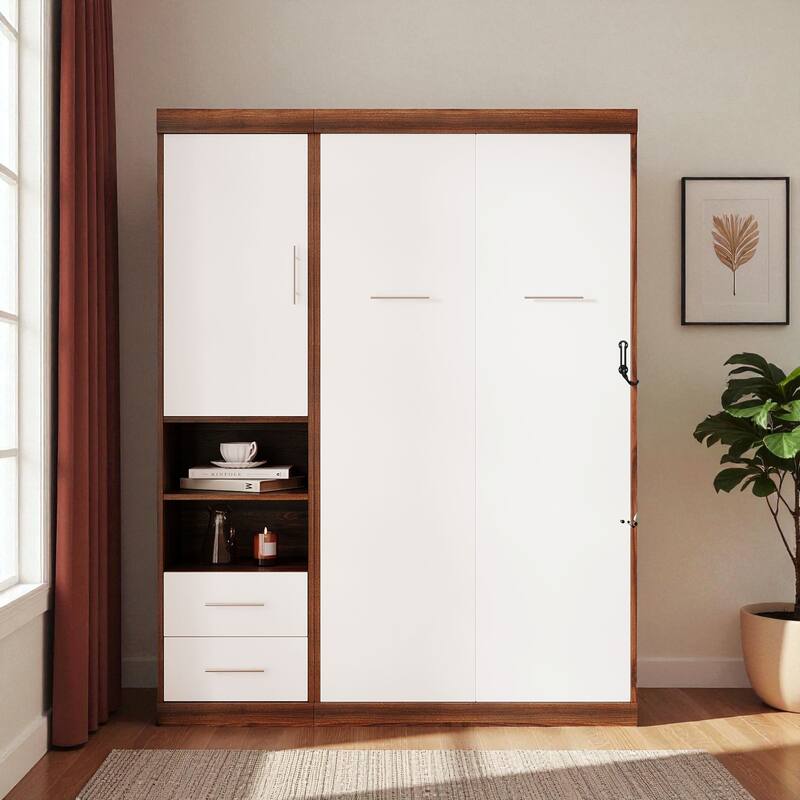 Twin/Full Size Murphy Wall Bed with Side Cabinet Storage, Foldable Bed with Slat Support, Space-Saving Bedroom Furniture - White - Twin