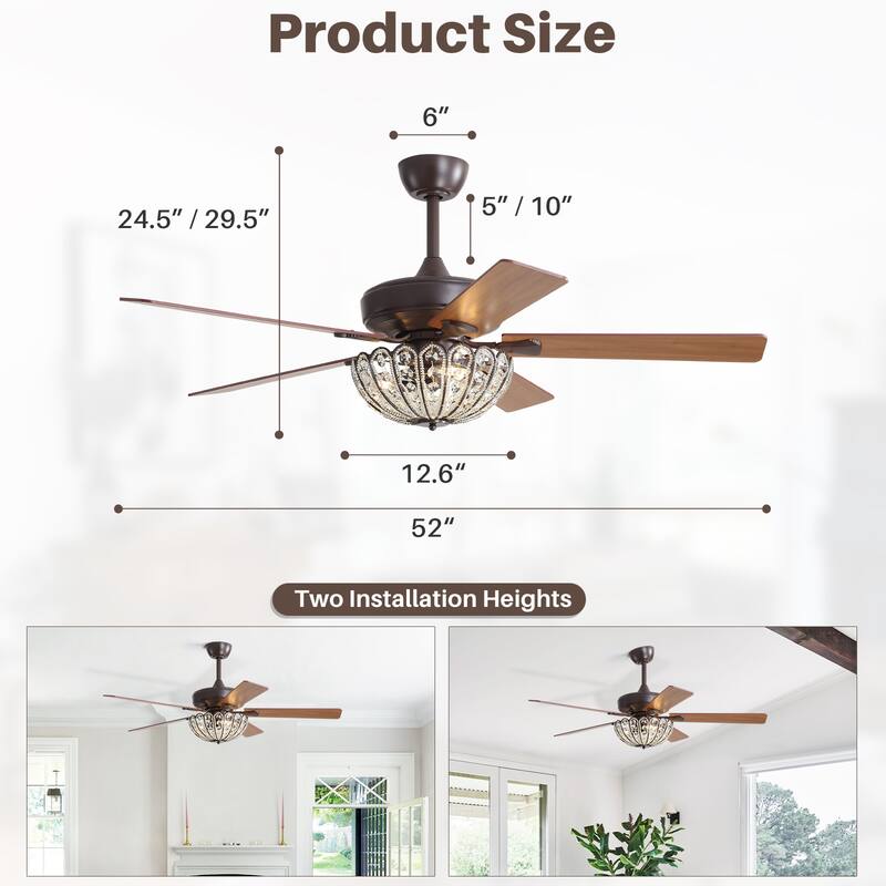 Sofucor 52" Ceiling Fan with Light Remote, Classical Crystal Chandelier fan, 5 Blades & Reverse Airflow, Black