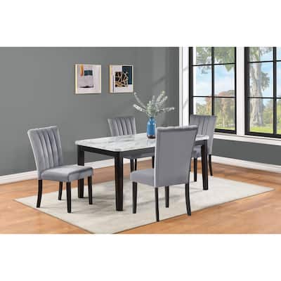 5 Piece Dining Table Set, Solid Wood Dining Room Furniture Set with Rectangular Faux Marble Table Top and 4 Upholstered Chairs