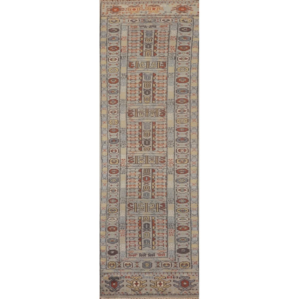 Tribal Geometric Khotan Runner Rug Handmade Oriental Wool Carpet - 2'5"x 9'11"
