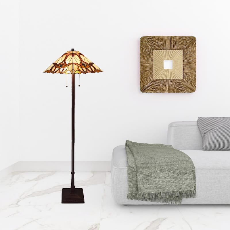 Beige Metal Traditional Floor Lamp with Stained Glass Cone Shades - 17” x 17” x 62” (D x W x H)