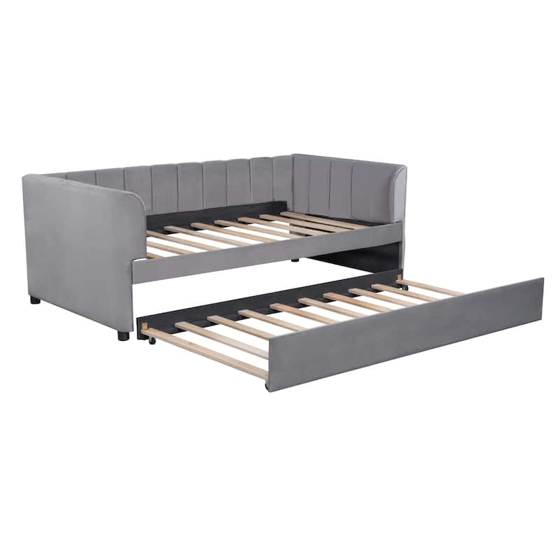 Twin Size Upholstered Daybed with Ergonomic Design Backrest and Trundle, Beige - N/A