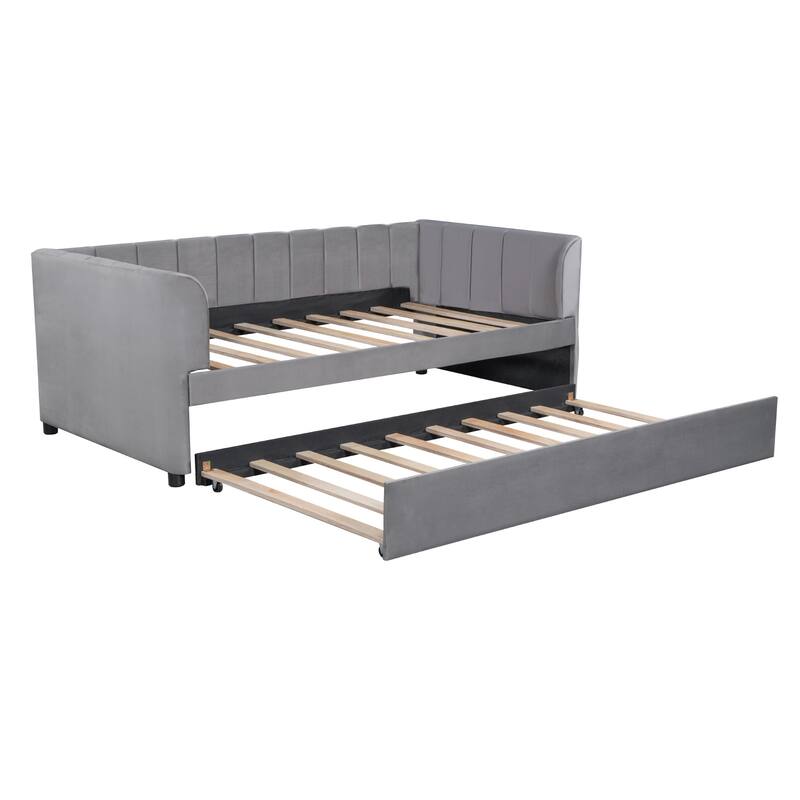 Velvet Upholstered Daybed with Stripe Shaped Backrest & 2 Armrests, Wood Panel Bed Frame with 2 Drawers or Trundle Bed