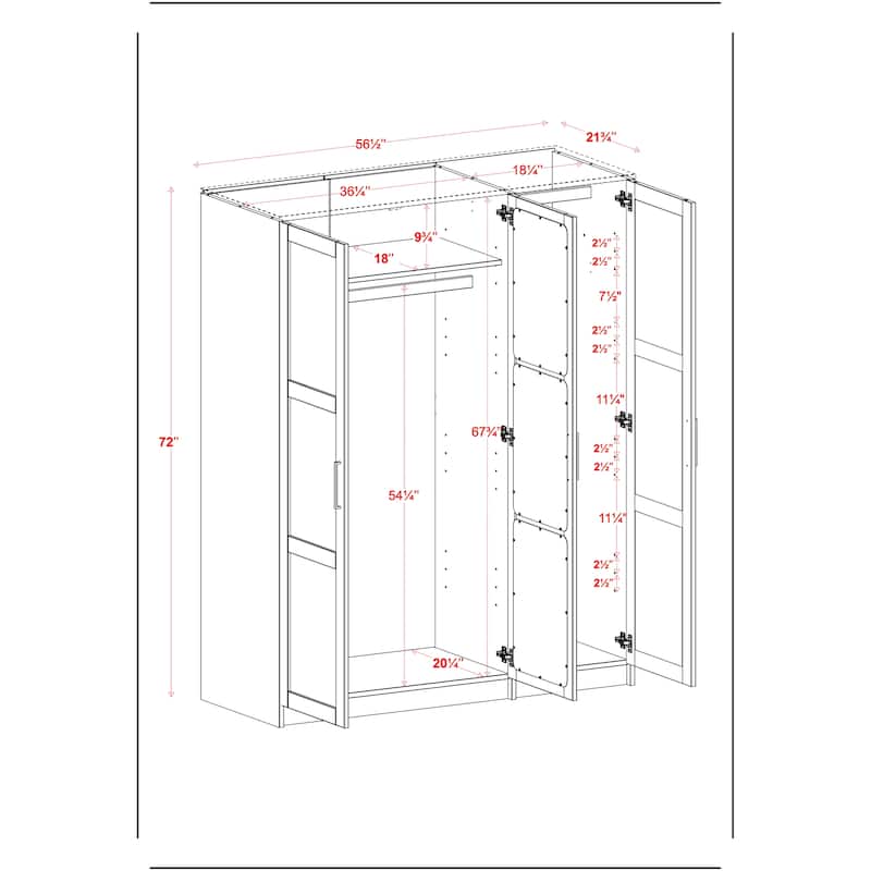 100% Solid Wood Wardrobe Armoire, 3-Door Closet Storage Cabinet, Urban Collection, Palace Imports