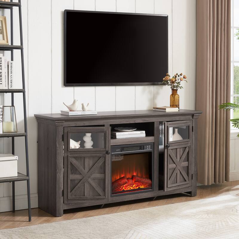 Farmhouse TV Stand, Media Stand With Fireplace Insert, Barn Design, and Adjustable Shelves, for Living Rooms and Bedrooms, Grey
