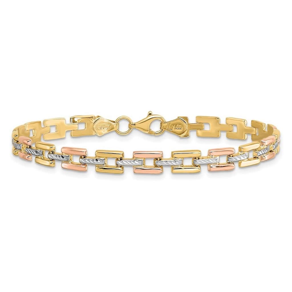 Curata 14k Tri-color Gold 7.25" 5mm Square Tracks Fancy Stampato Bracelet