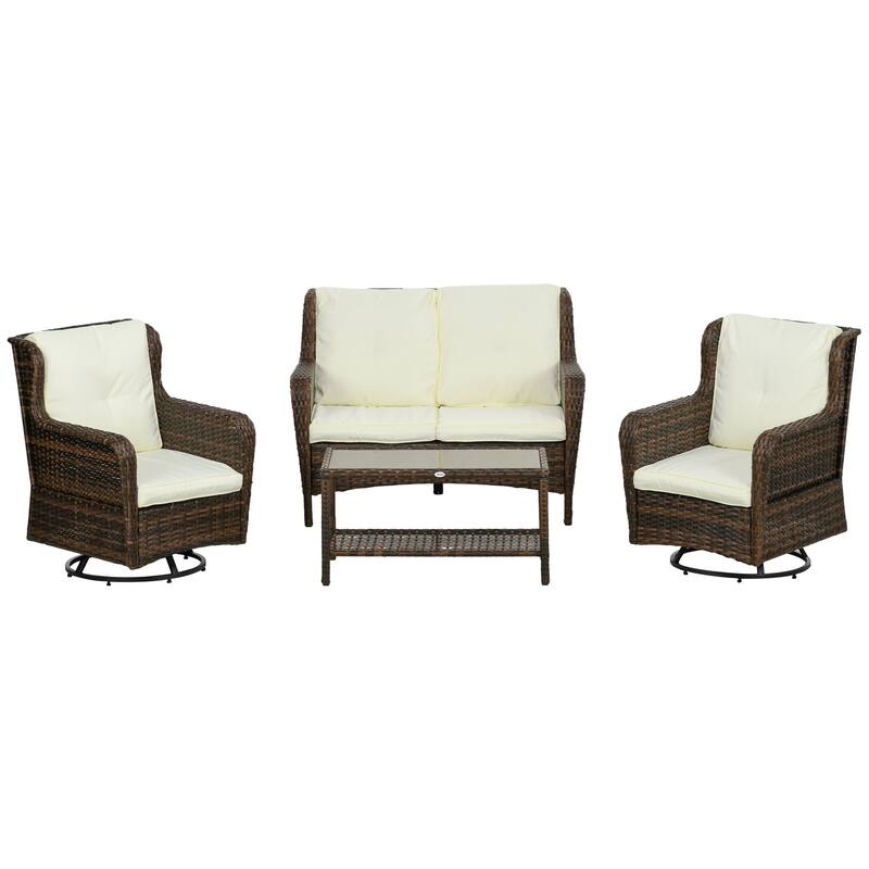 Outsunny 4 Piece PE Wicker Patio Furniture Set, Conversation Set with 2 360° Swivel Rocking Armchairs, 1 Loveseat Sofa