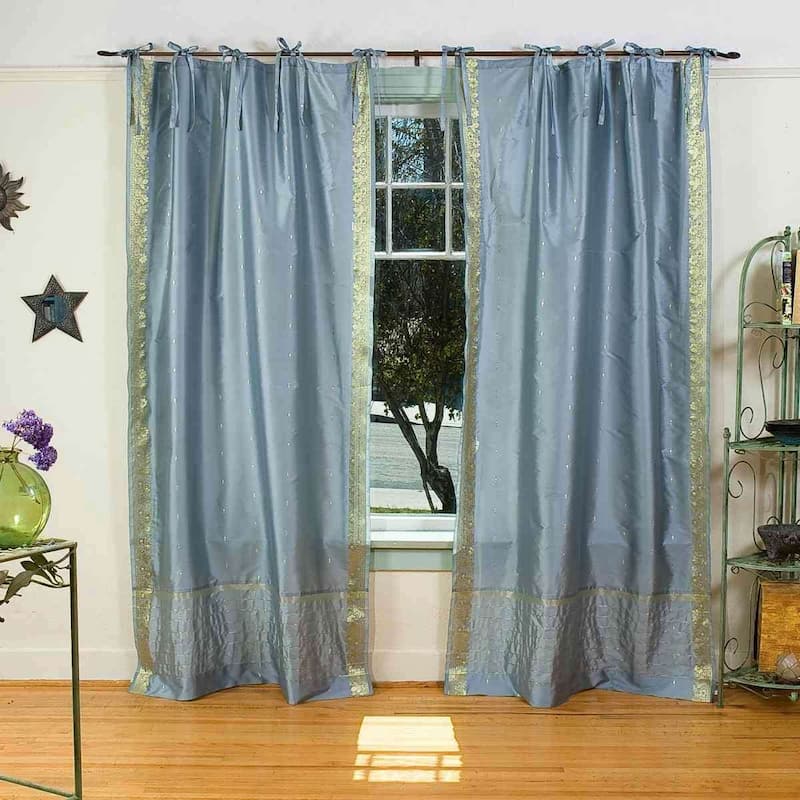 Gray Tie Top Sheer Sari Curtain / Drape / Panel - Pair - 60" W X 108" L (Unlined) - 108 Inches