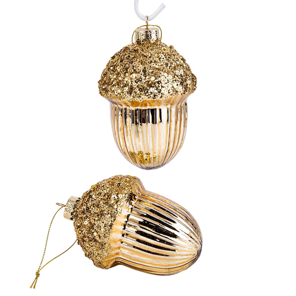 Acorn Gold Glass Christmas Tree Ornament Set of 2 - 2.95 х 4.13"