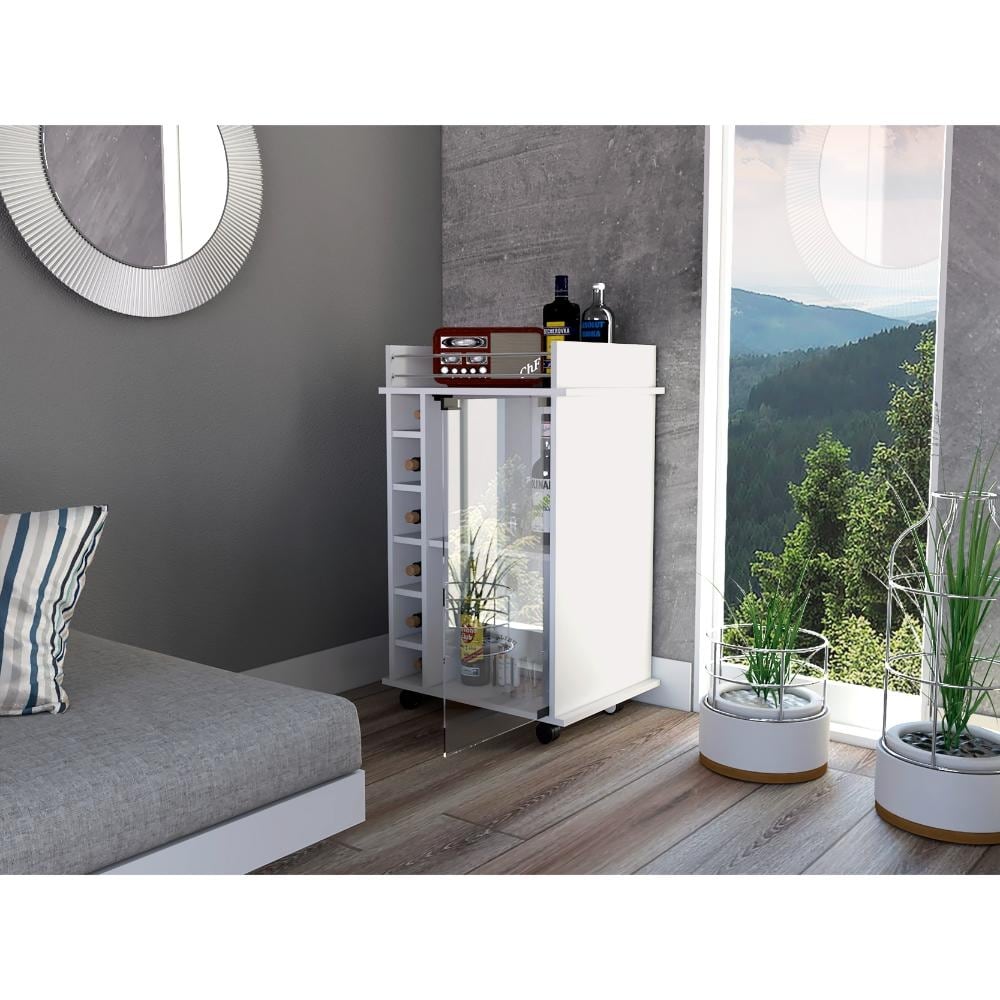 TUHOME Dukat Bar Cart,Two Shelves, Six Built-in Wine Rack and Four Casters - N/A
