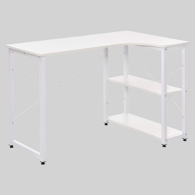Space-Saving L-Shaped Desk with 2 Shelves and Steel Frame, Corner Desk for Office or Study - White
