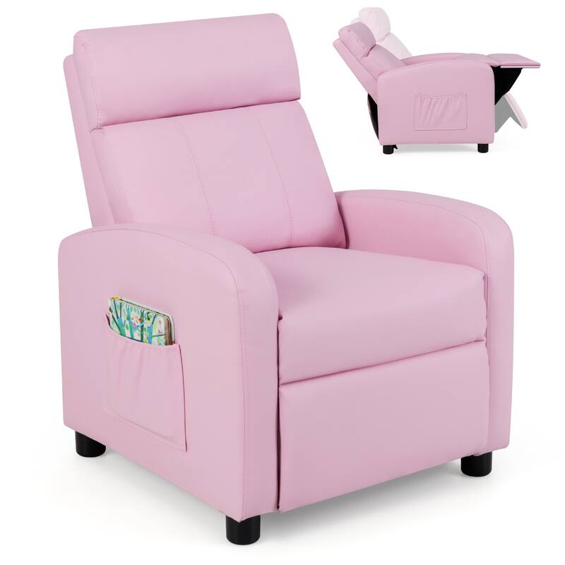 Pink Adjustable Reclining PU Leather Cushion Seat Chair for Kids with Footrest and Storage Pocket