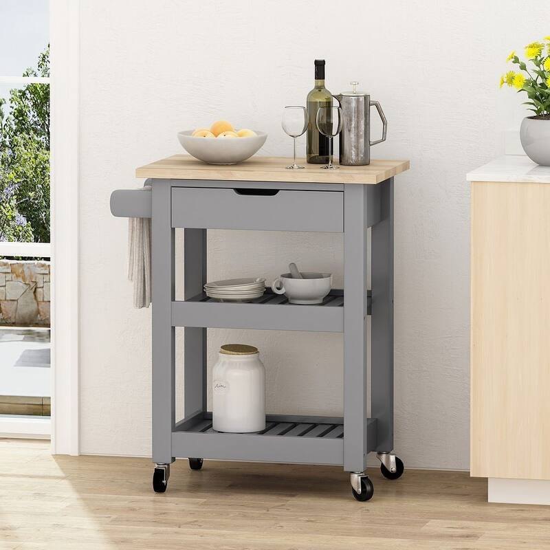 Compact Wooden Kitchen Cart with Wheels Shelves and Drawer by Christopher Knight Home