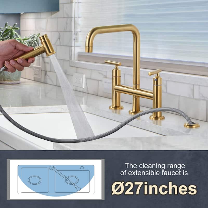 WOWOW Double Handle Bridge Kitchen Faucet with Side Sprayer