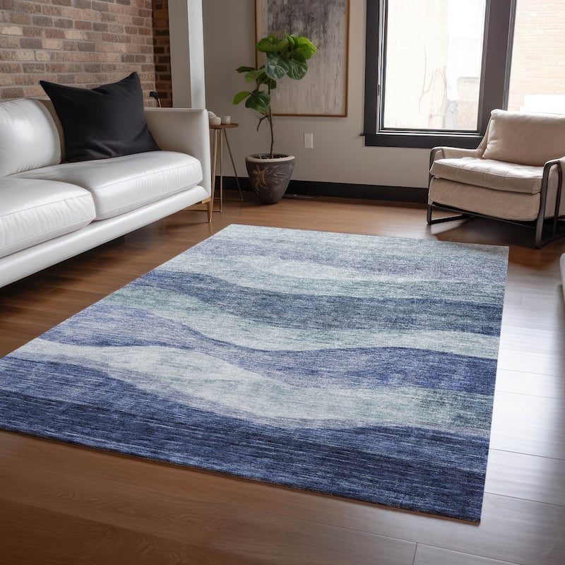 Machine Washable Indoor/ Outdoor Contemporary Waves Chantille Rug - Blue - 9' x 12'