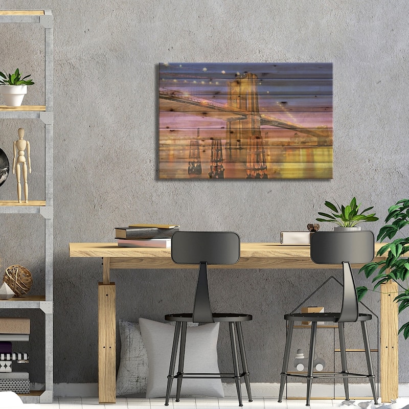 Night Bridge Print On Wood by Kim Curinga - Multi-Color