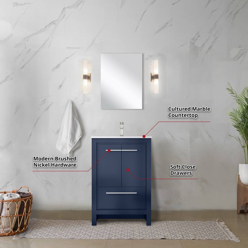 24 in. Navy Blue Vanity with Cultured Marble Top, Rose Gold Faucet, and 18 in. Mirror - Bathroom Cabinet with Soft-Close Doors
