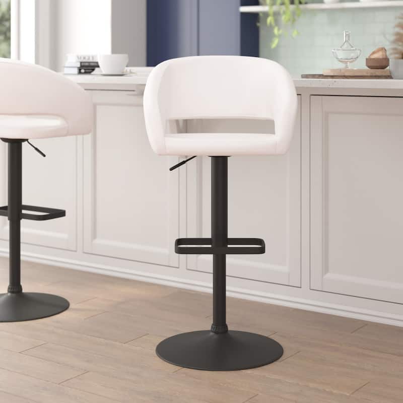 Modern Upholstered Adjustable-Height Barstool with Rounded Back - White Vinyl/Black Frame