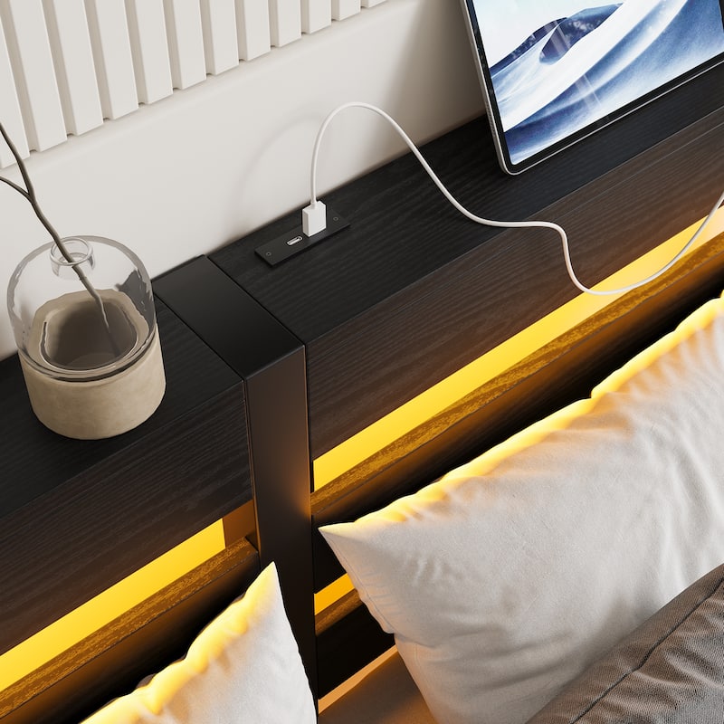 Full Size Modern Metal Bed with Wooden Headboard, RGB Lights, and Storage Shelf