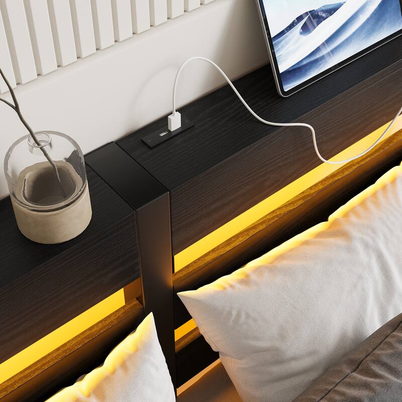 Metal Bed Frame Slats Platform Bed Open Frame with RGB LED Light and 2 USB Ports, Wooden Headboard, No Box Spring Needed