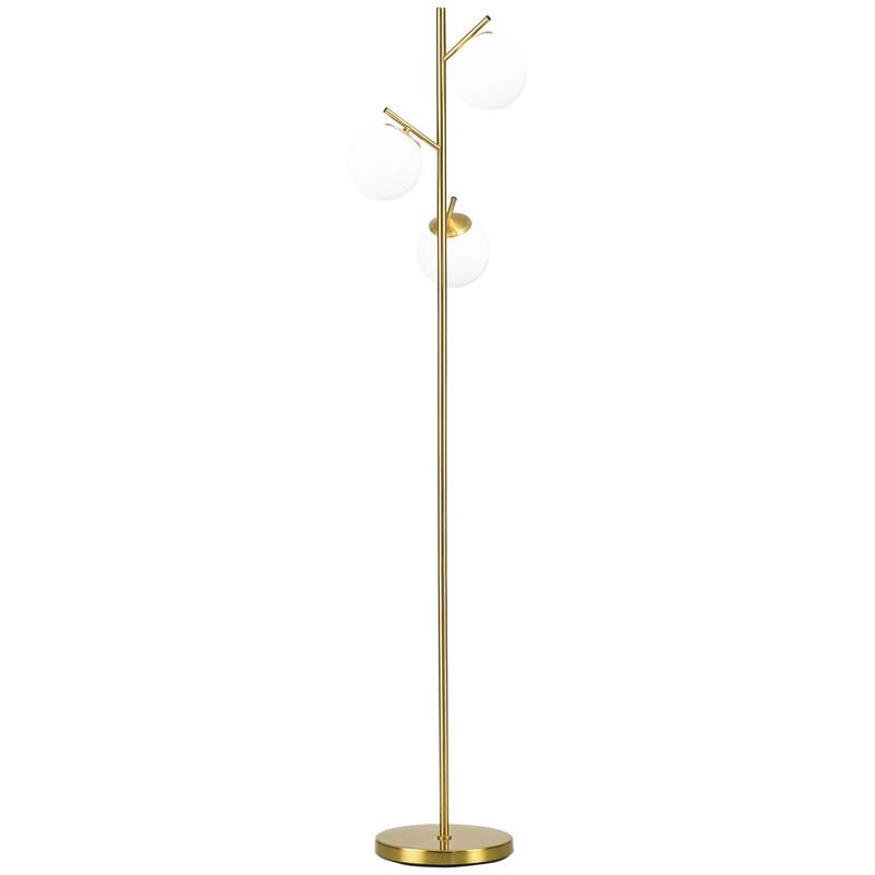HOMCOM 3-Light Modern Floor Lamps for Living Room, Tree Standing Lamp for Bedroom with Globe Lampshade, Steel Base, Gold